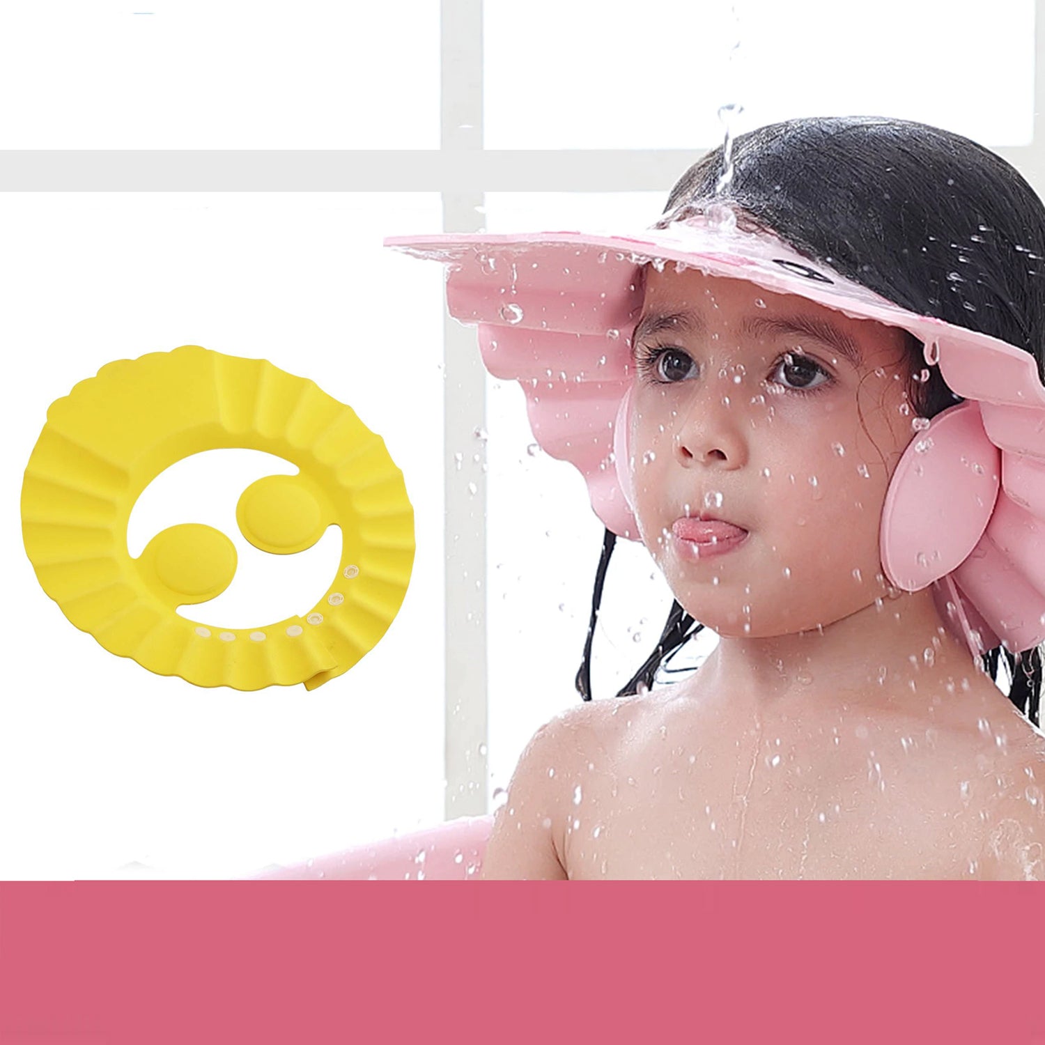 Close-up of the adjustable strap on a soft baby shower cap, for a secure fit