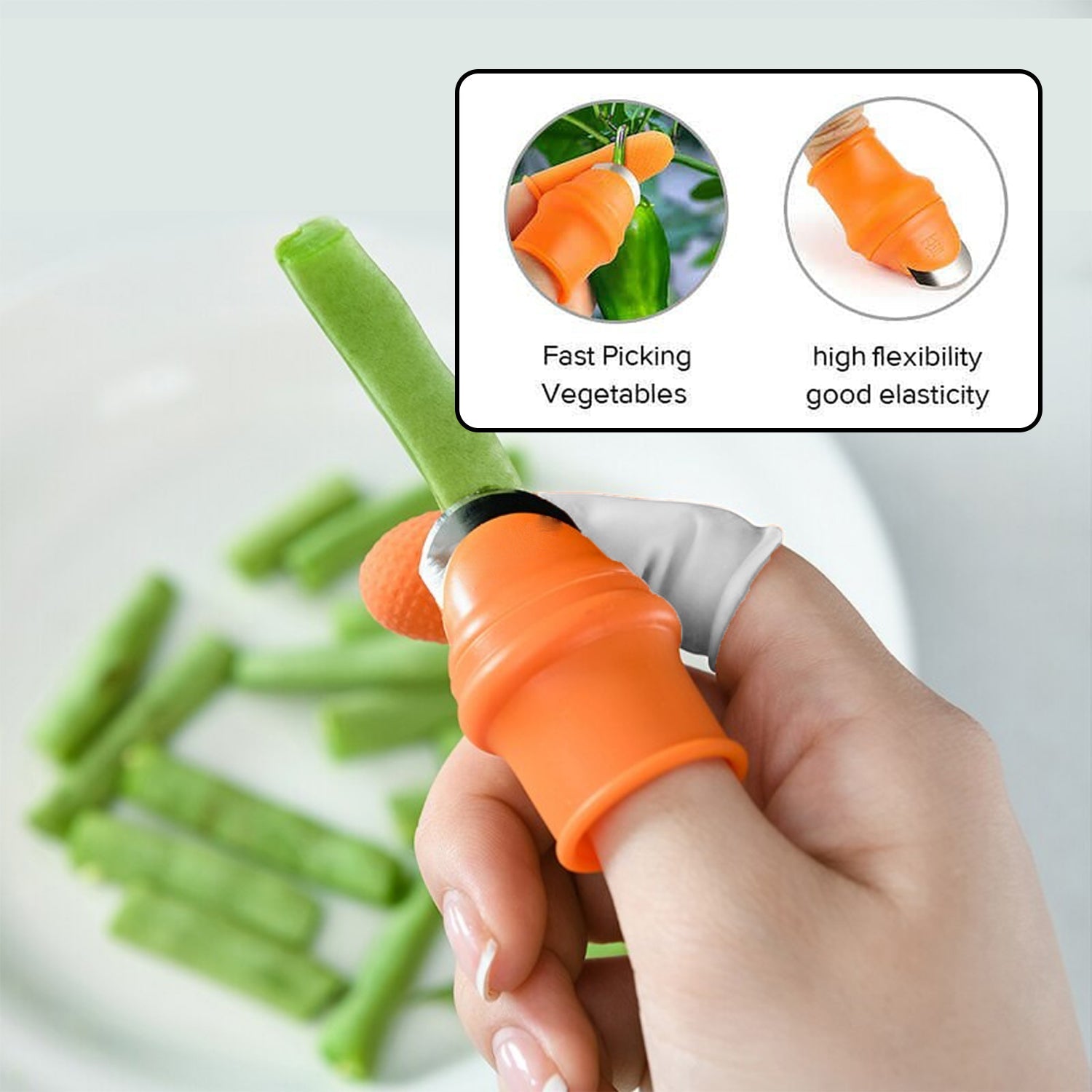 The versatile thumb cutter shown with various fruits and vegetables.