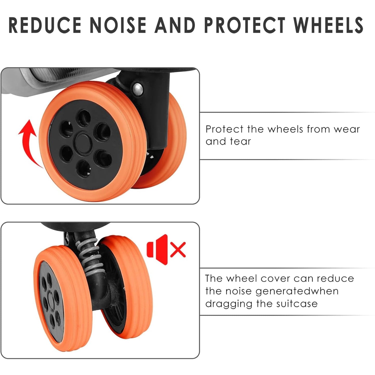 A hand expertly applying a flexible silicone cover onto a luggage wheel for easy installation.