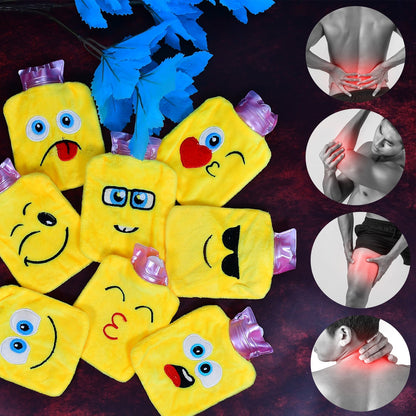 Mini hot water bag with a cheerful emoji design, offering fun pain relief.