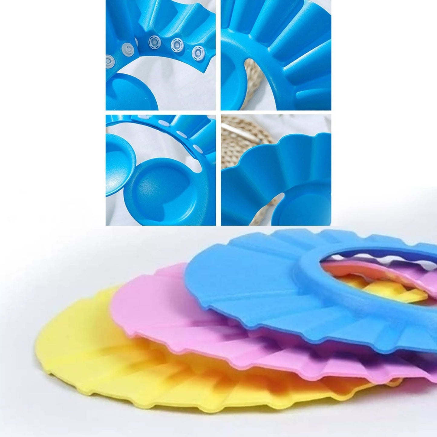 Child wearing an adjustable baby shower cap, ensuring comfortable and tear-free bath time