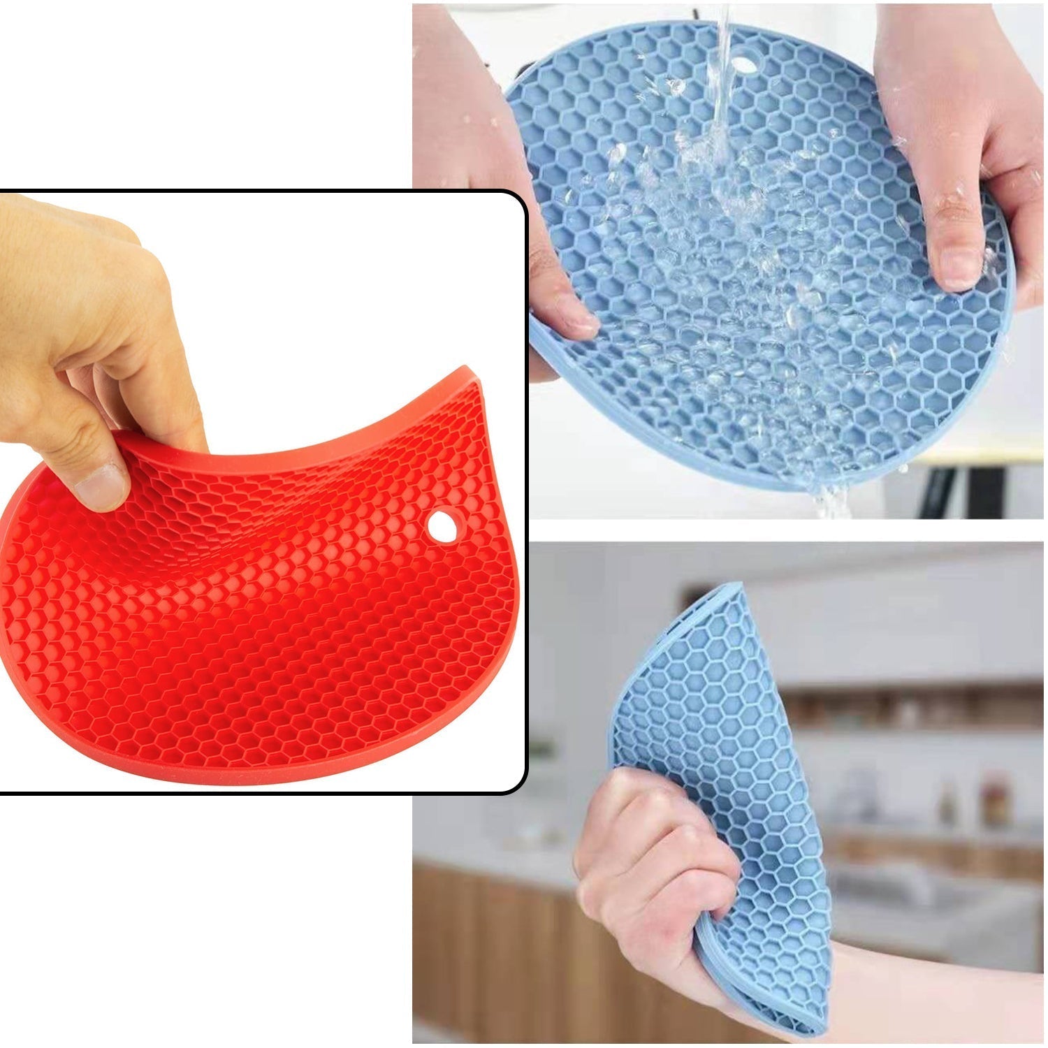 Practical silicone hot mat protecting a wooden surface from a hot serving bowl.