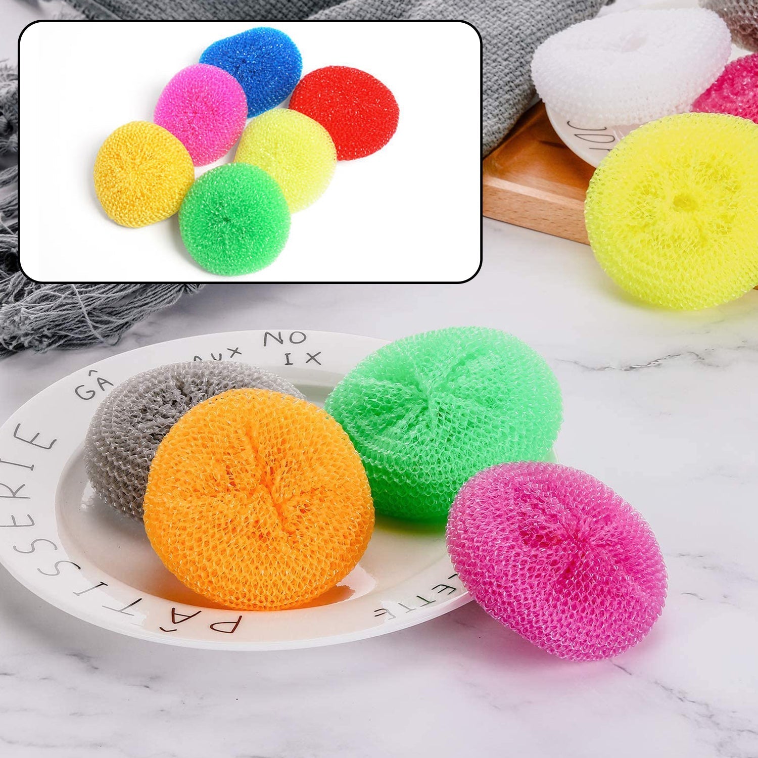 Pack of 12 round nylon scrubbers from Velvet Wipe, ideal for kitchen cleaning.