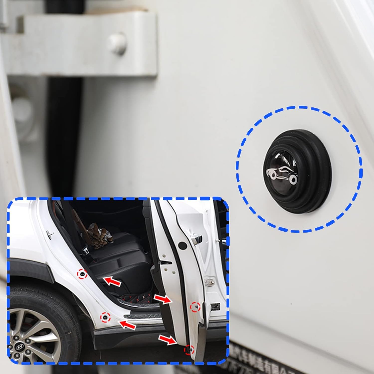 Multiple car door protection stickers applied to various vulnerable points on a vehicle.