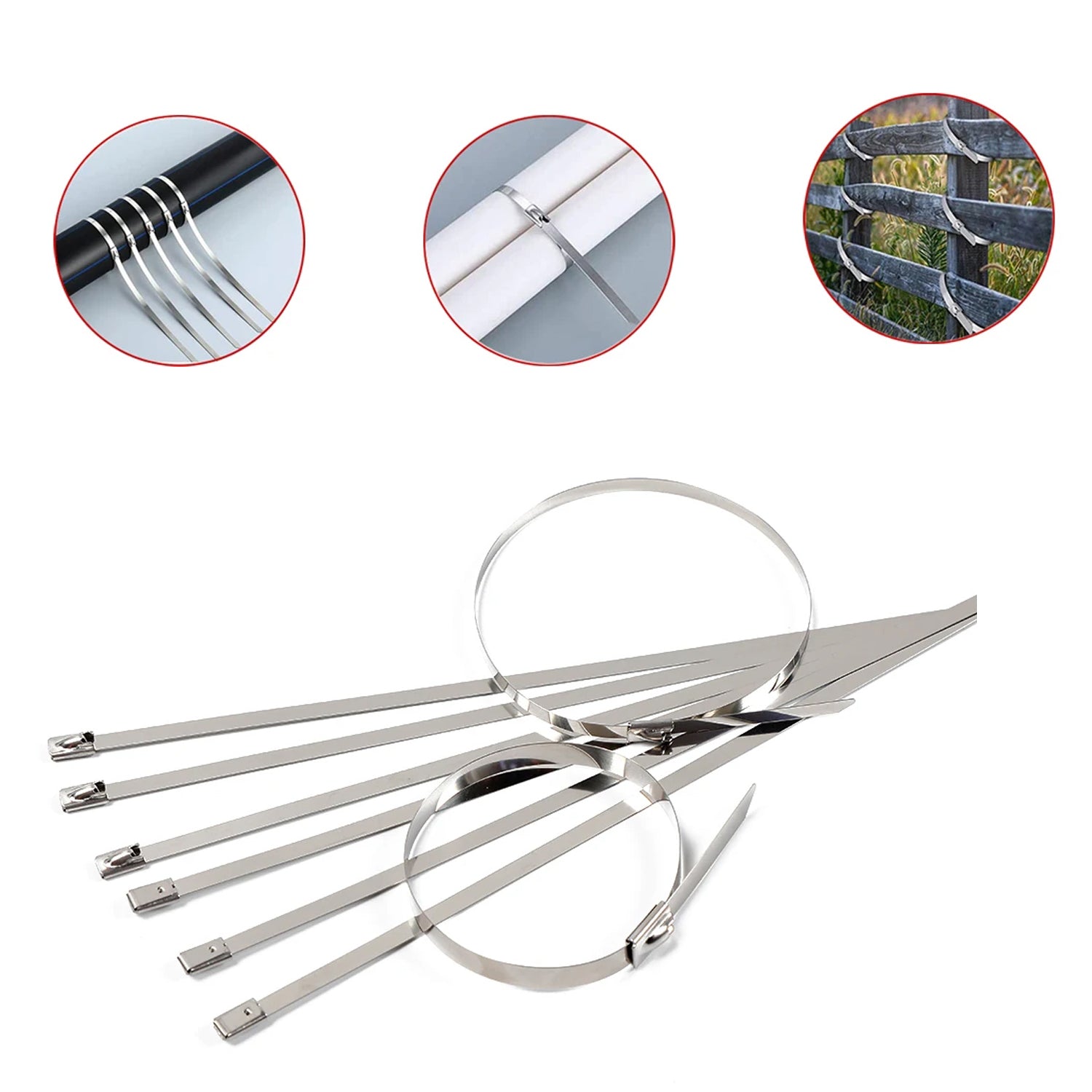 Close-up of a bundle of 100 BoltForce Stainless Steel Cable Ties, showcasing their metallic finish.