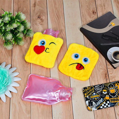 Close-up of a fun emoji-themed mini hot water bag, providing soothing comfort.