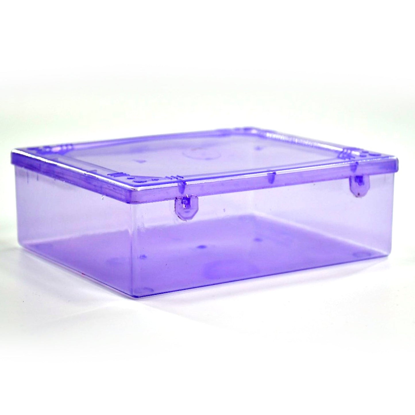 Stack of three clear plastic storage boxes, demonstrating their stackable feature.
