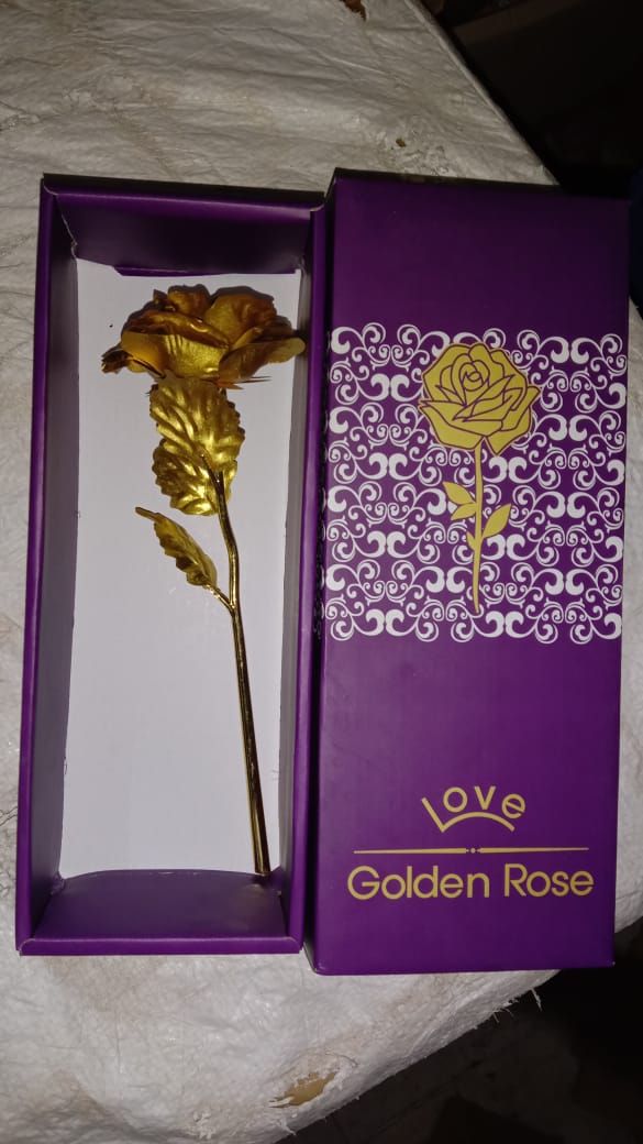 Artistic shot of gold plated rose in gift box with soft background ambiance