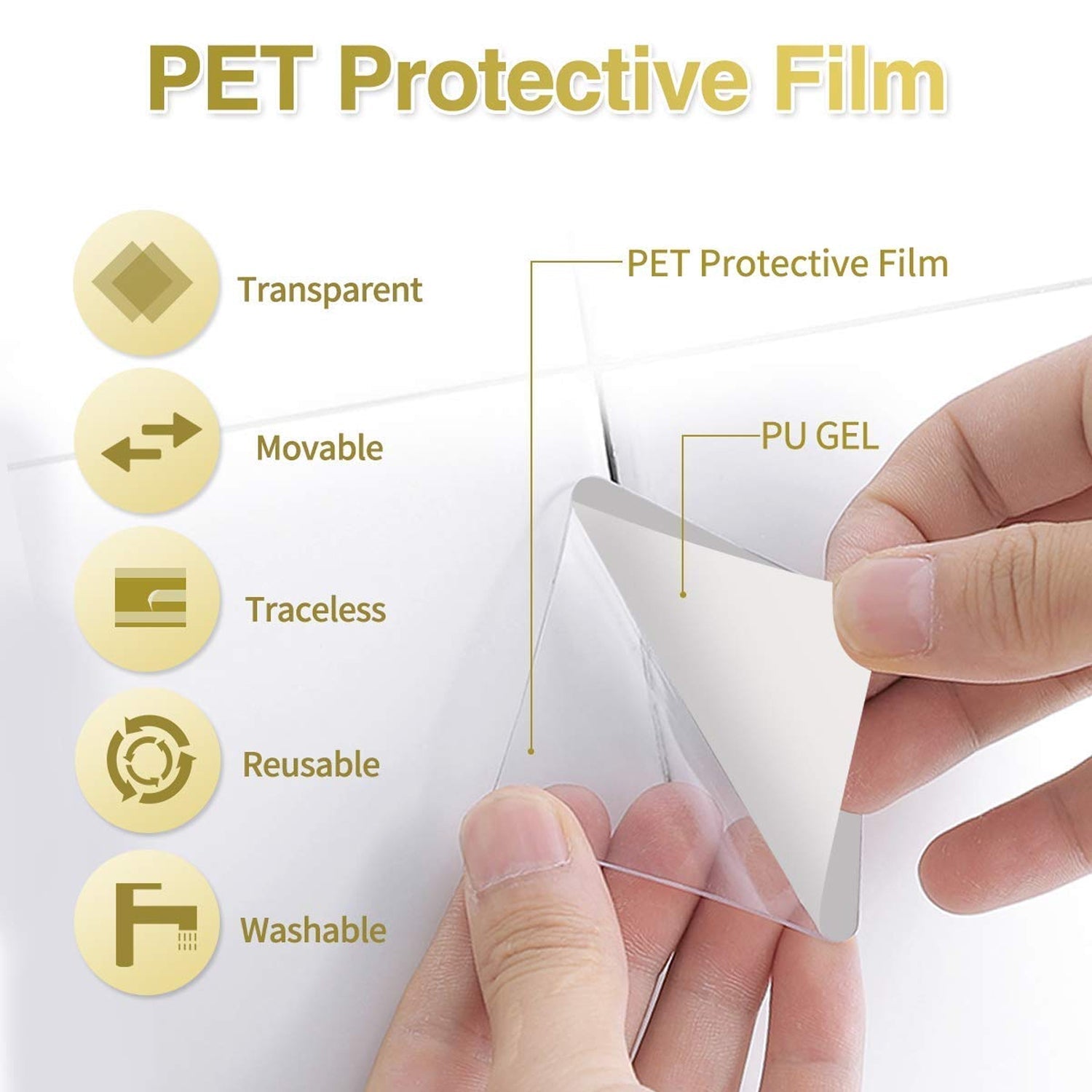 Reusable and washable gel tape shown easily peeling off without leaving marks.