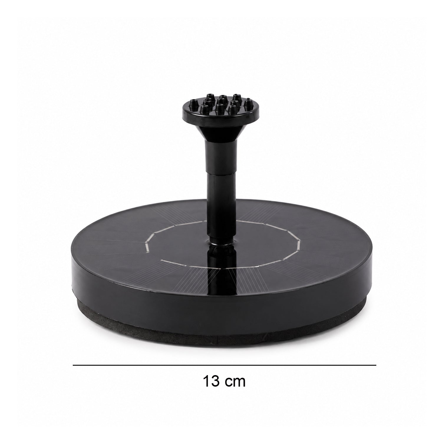 Fountain pump showing 13 cm dimension in garden setup