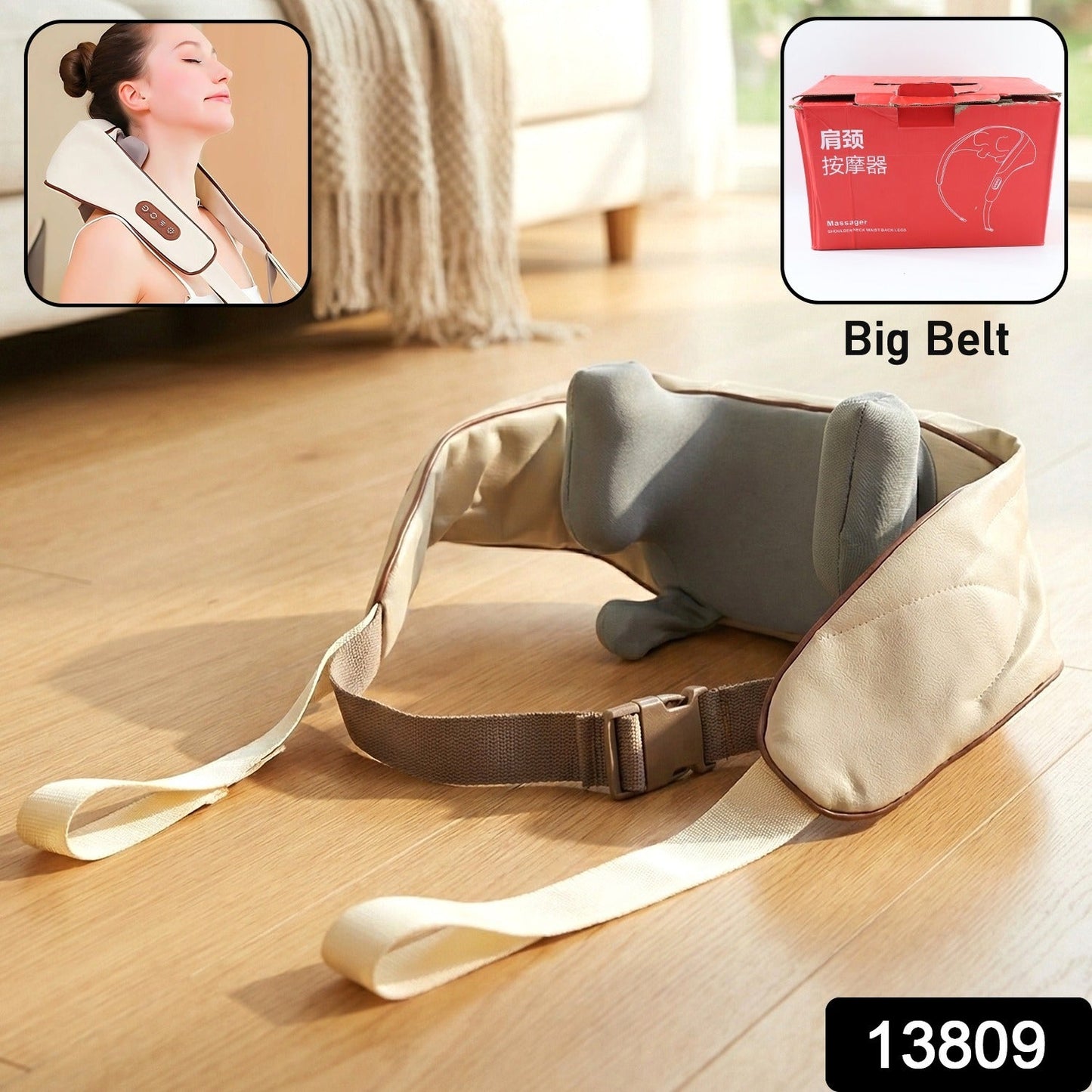 Person using ergonomic neck and shoulder massager belt for muscle pain relief