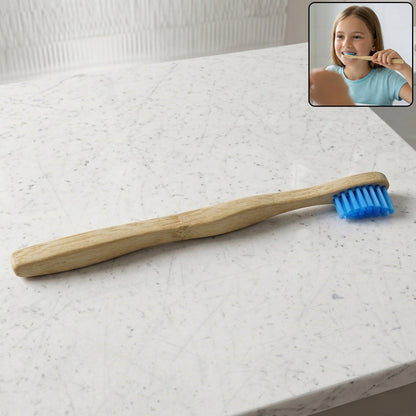 Sustainable wooden toothbrush with soft blue bristles and natural handle