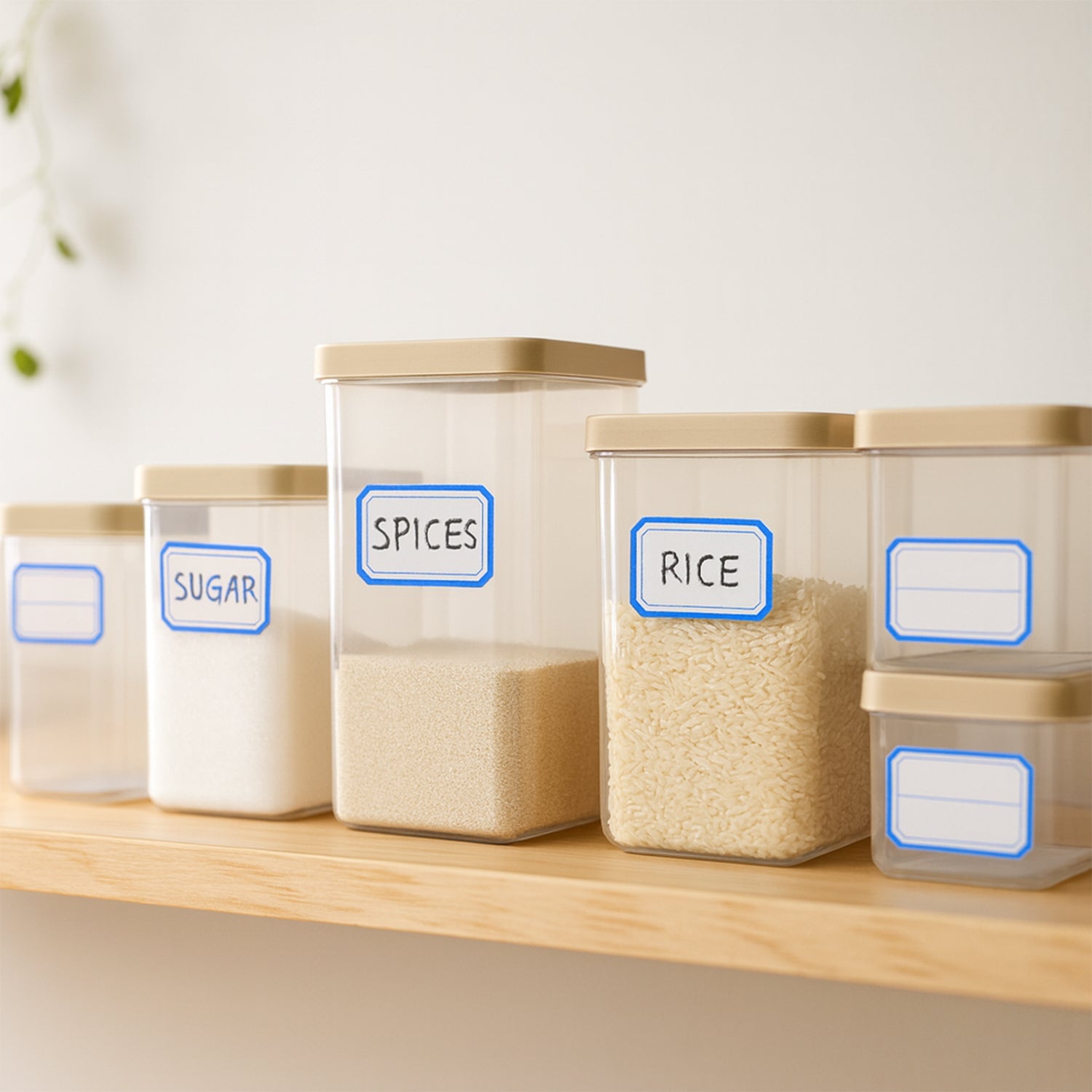 Rectangular label stickers adhered on kitchen containers for organization