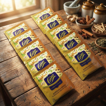 Packaging of ashwagandha spiced green tea sachets for wellness