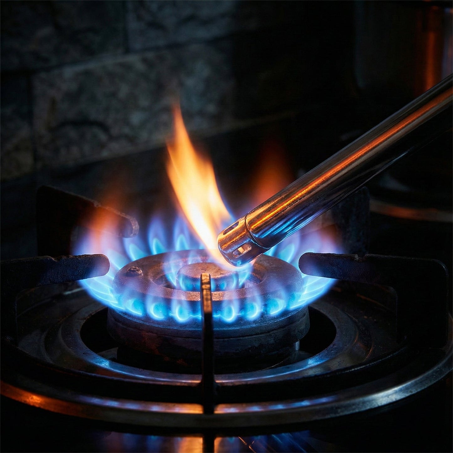 Close-up of gas stove lighter producing ignition spark
