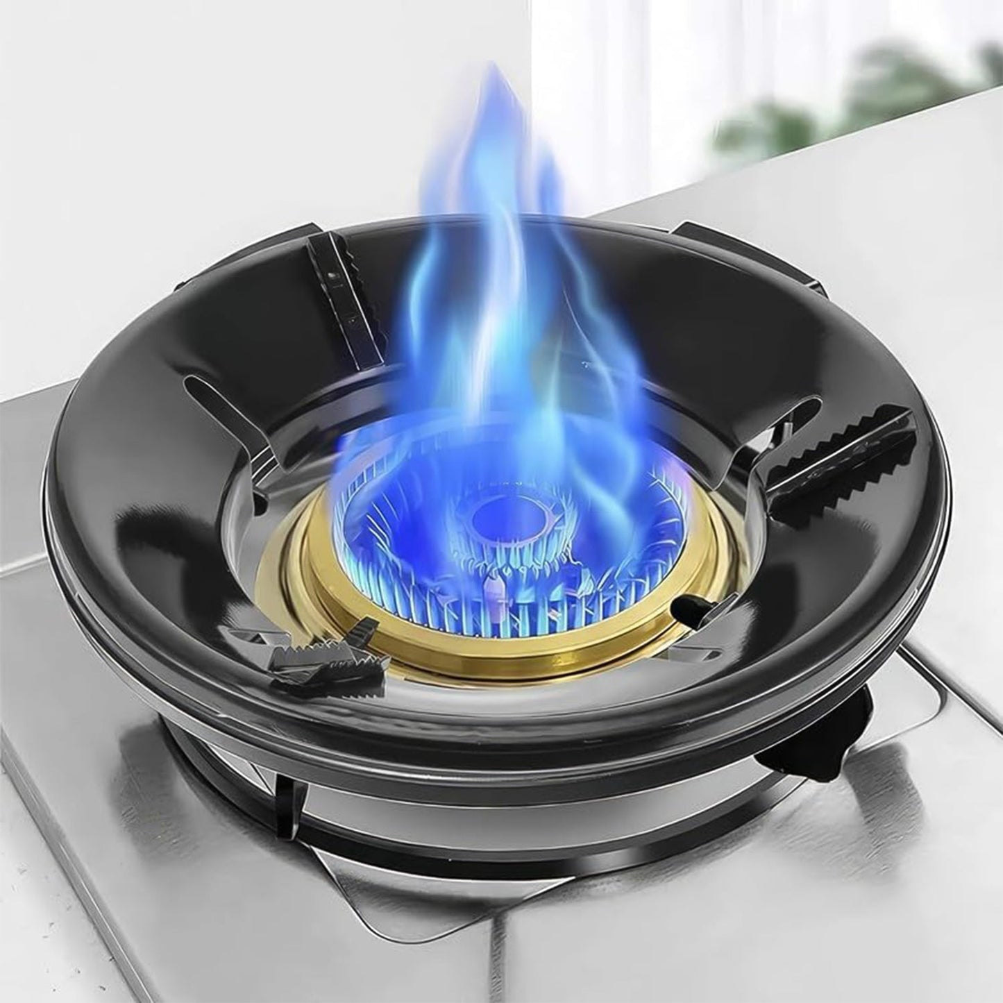 Gas stove burner with flame protector ring enhancing flame distribution