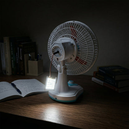 Electric table fan with LED light for emergency and everyday comfort