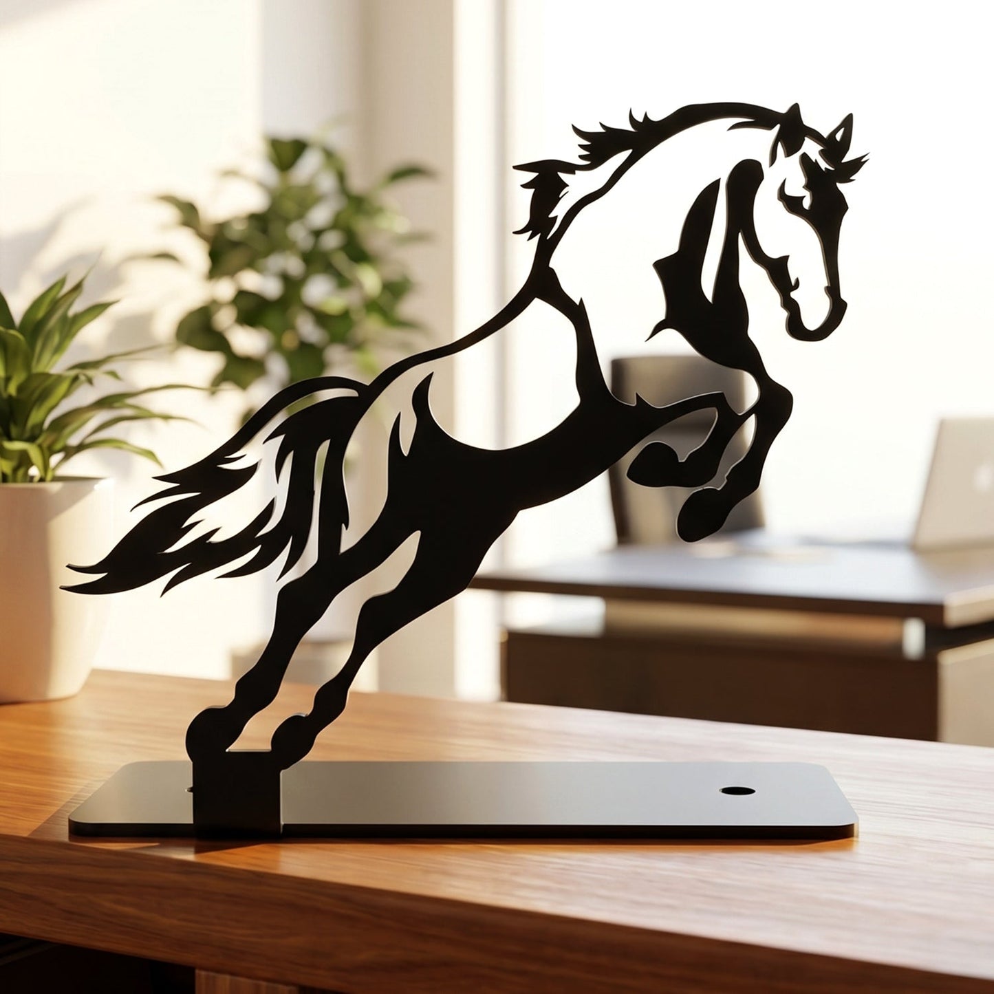 Decorative metal horse sculpture in mid-leap design