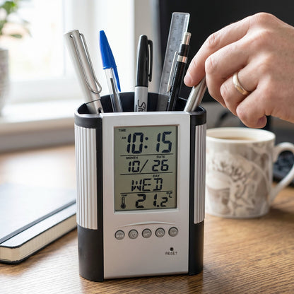 Office desk organizer with digital clock and stationery