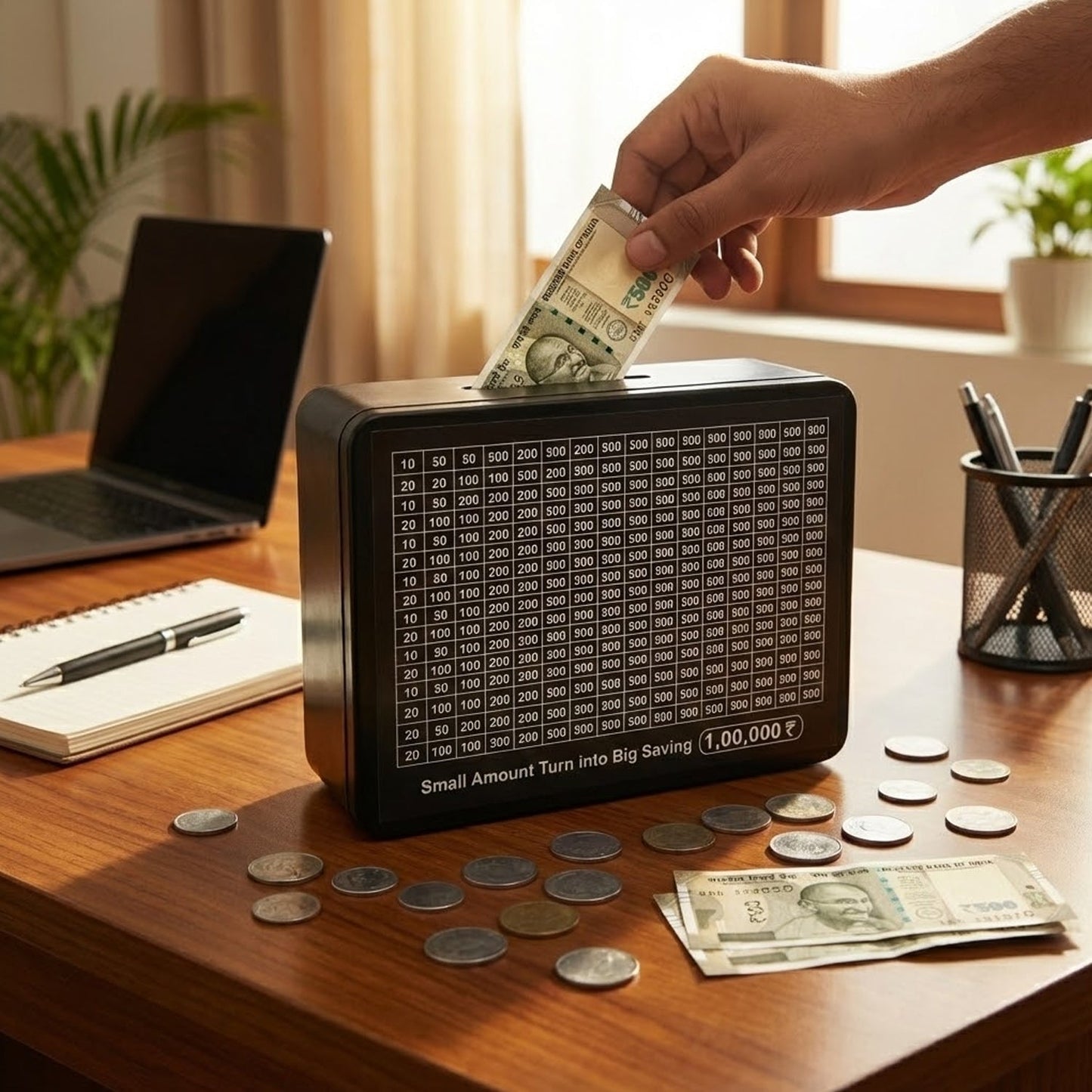 Financial goal saving tracker chart displayed on reusable money box