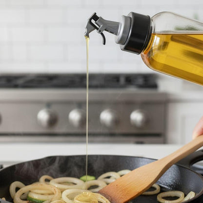Transparent oil dispenser with flip top for oil, vinegar, sauces