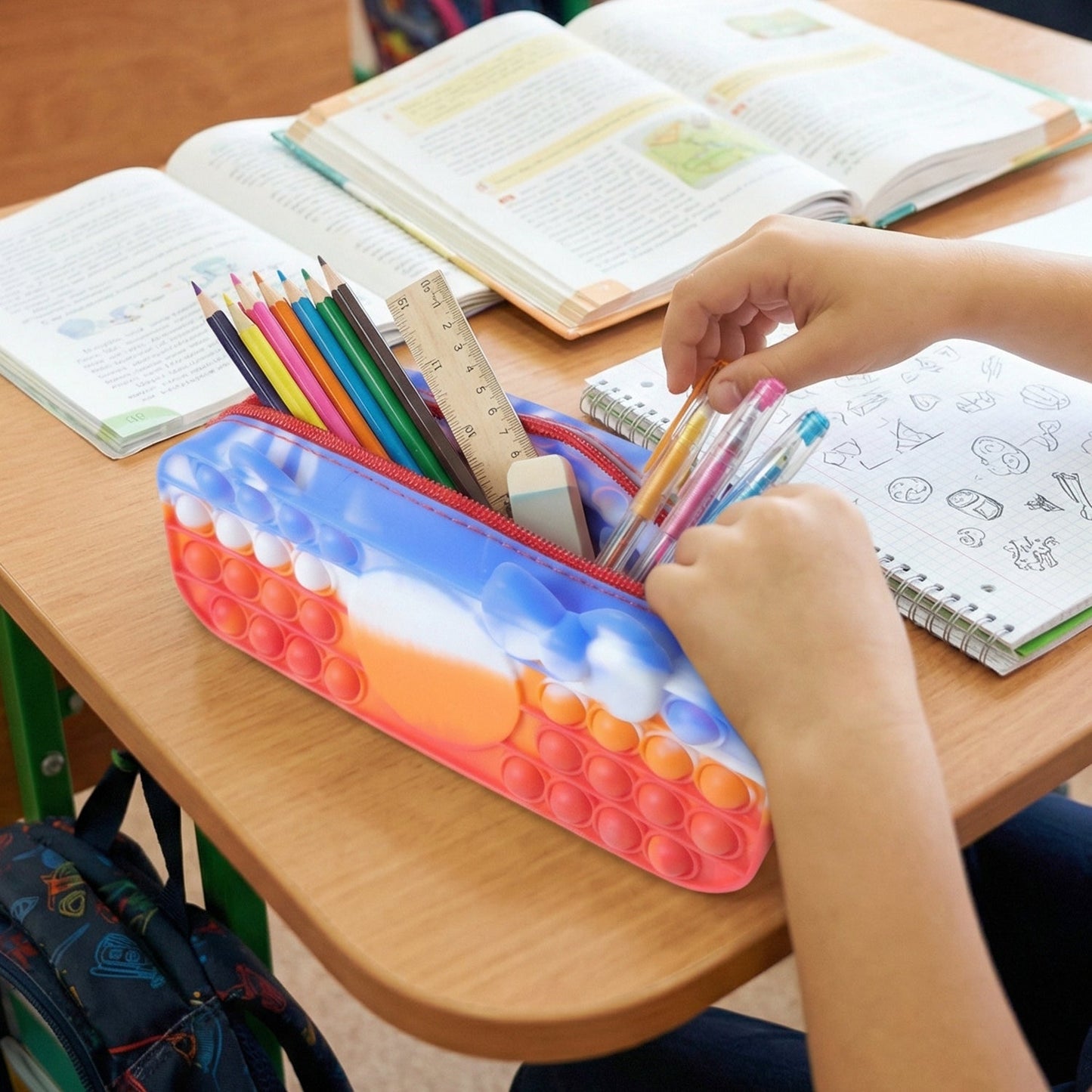 Kids-friendly colorful pop it pencil case for school and travel