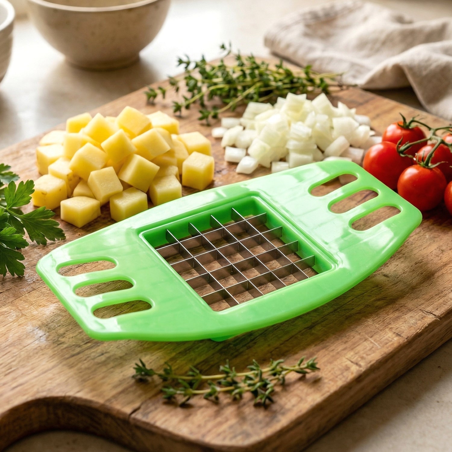 Action shot of the Indo Glow vegetable slicer in progress, creating perfect sticks.
