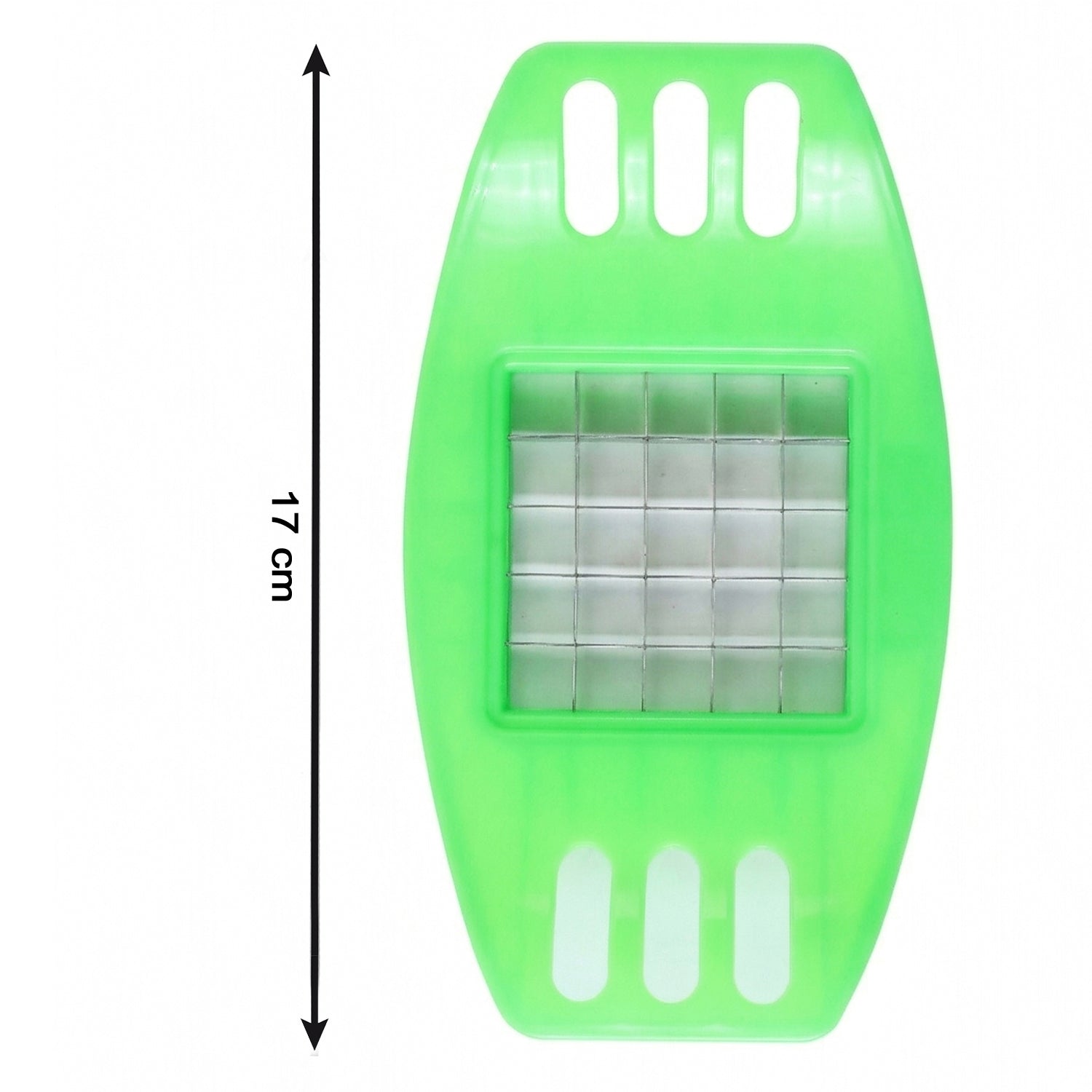 Detailed view of the potato cutter's blades and comfortable ABS plastic handle during use.