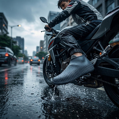 A person on a motorcycle in the rain has a dark grey silicone shoe cover on their foot, splashing water on a city street.
