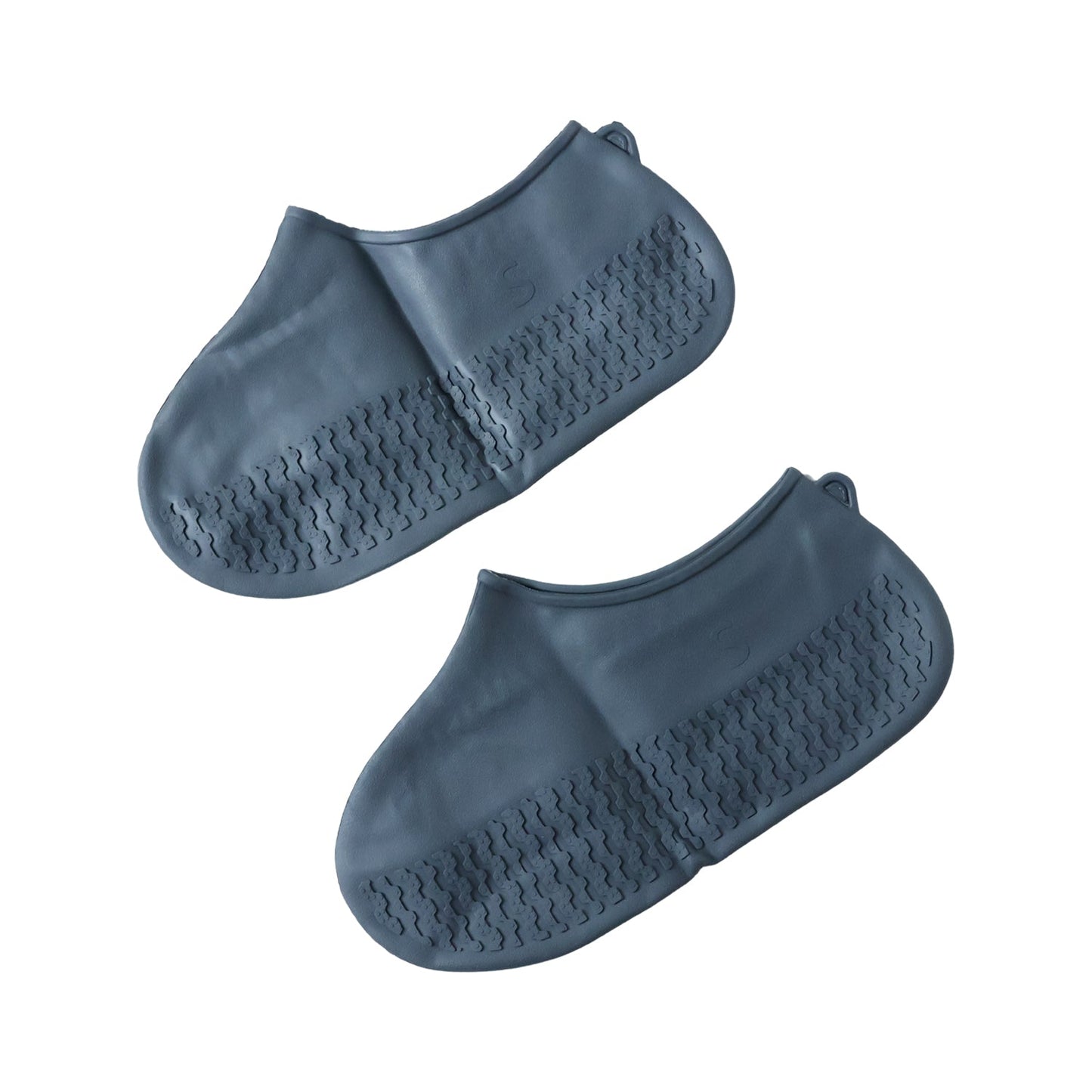 A pair of navy blue silicone shoe covers are displayed flat, showing their textured soles and smooth tops.