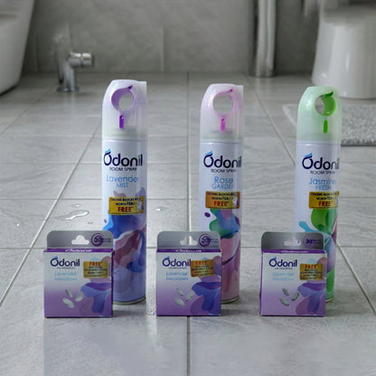Air freshener spray with solid fragrance blocks for home and office