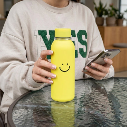 Smiley face travel water bottle side view