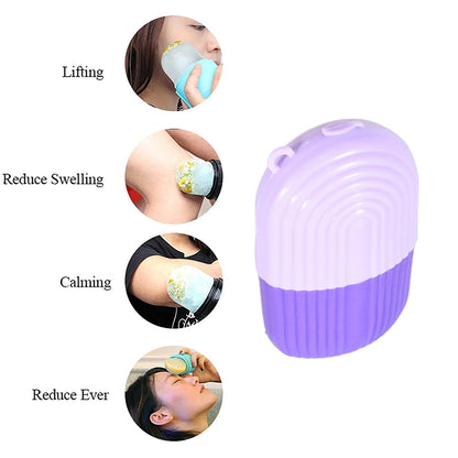 Purple ice roller for face and eye with ergonomic grip on white background