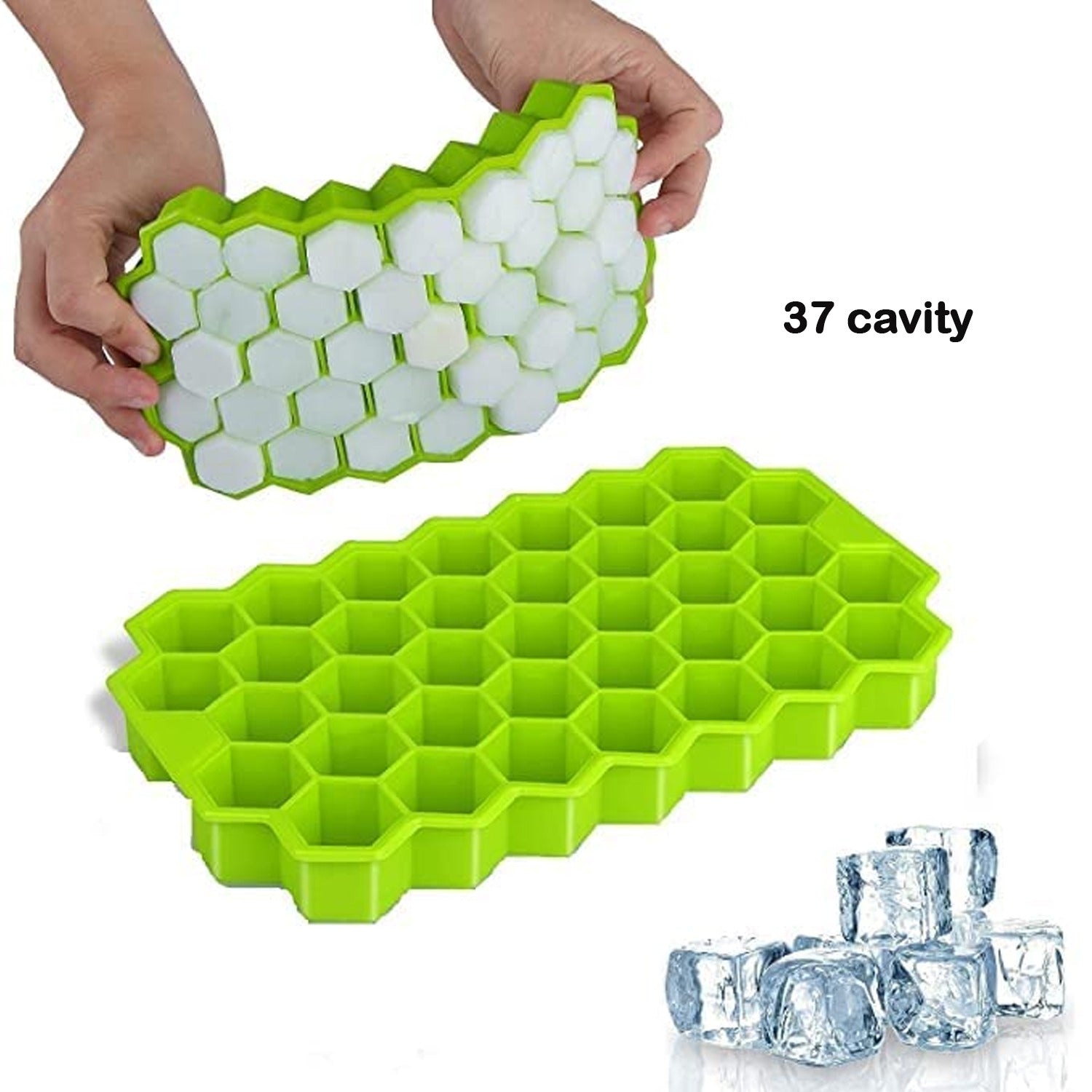 Green flexible silicone ice cube tray ready for filling.