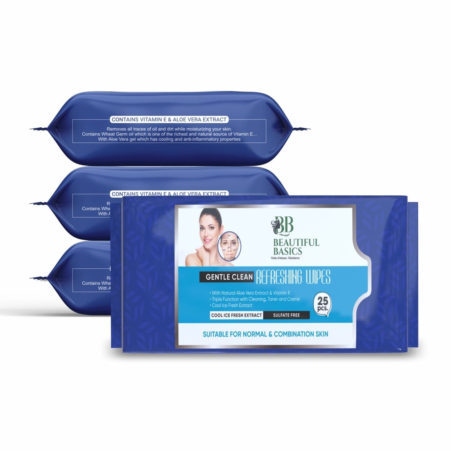A compact pack of Beautiful Basics hydrating facial cleansing wipes, ready for travel.