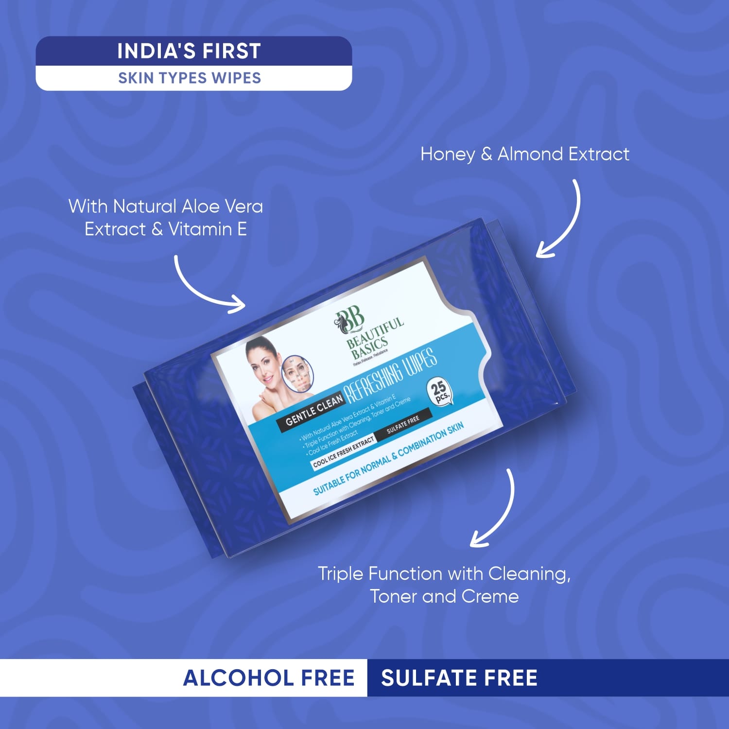 Multiple packs of Beautiful Basics hydrating facial cleansing wipes stacked together.