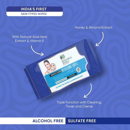 Multiple packs of Beautiful Basics hydrating facial cleansing wipes stacked together.