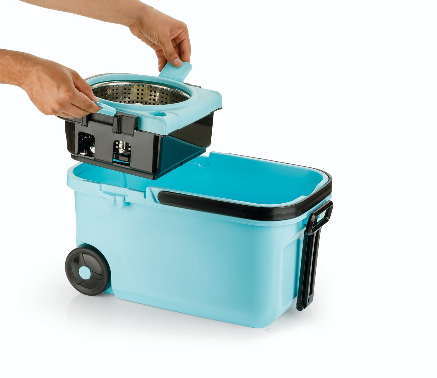 spin mop set with large bucket and rolling wheels for mobility