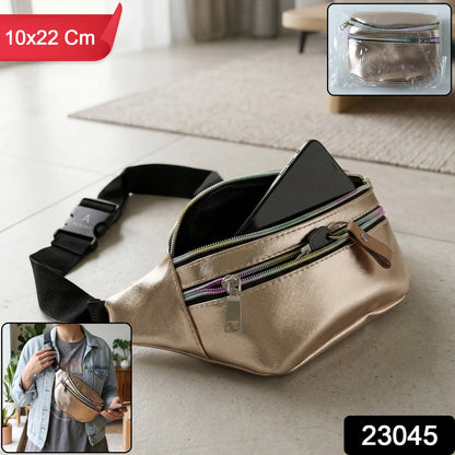 Adjustable strap waist bag showing multiple compartments
