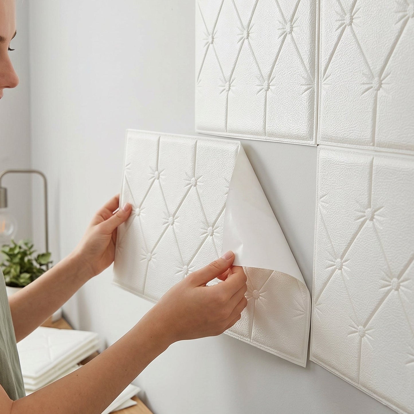 Modern living room decorated with 3D self-adhesive wallpaper for a stylish look.